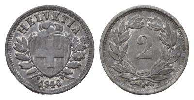 Швейцария 2 раппена 1946 B KM 4.2b цинк 1528-945