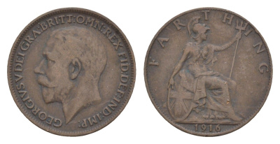 Великобритания 1 фартинг 1916 Георг V (1910-1936) KM 808.1, Spink 4059 бронза 4651-1161