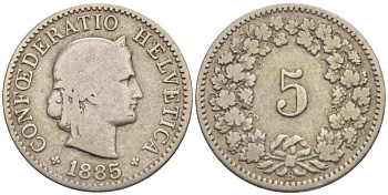 ШВЕЙЦАРИЯ 5 РАППЕНОВ 1885 В KM 26 медно-никель 4532-868