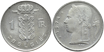 БЕЛЬГИЯ 1 ФРАНК 1974 BELGIE KM 143.1 медно-никель 4384-1213