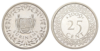 Суринам 25 центов 2009 тираж 1000 экземпляров KM 14a медно-никель BU 4625-352