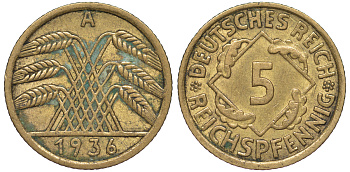 Германия 5 рейхспфеннигов 1936 A KM 39, J. 316 алюминиевая бронза 4602-1248