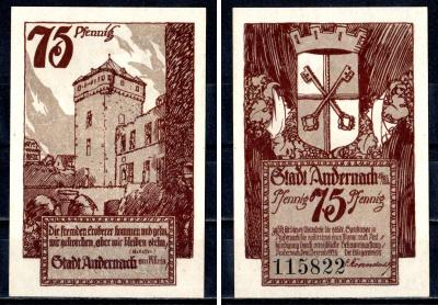 Андернах (Пруссия, Рейн) 75 пфеннигов 1920 Mehl Grabowski 32.2a.2 бумага UNC (пресс) 7556-44-1-2