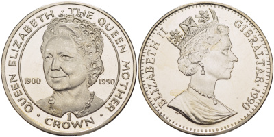 Гибралтар 1 крона 1990 90 лет со дня рождения королевы матери Елизавете KM 46 медно-никель BUNC 1084-8-23