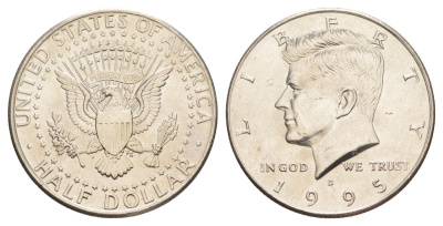 США 1/2 доллара (50 центов) 1995 D, Джон Кеннеди KM A202b медь плакированная медно-никелем aUNC 4382-822