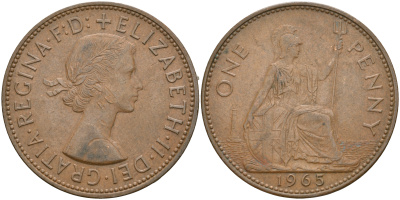 Великобритания 1 пенни 1965 Елизавета II (1952-2022) КМ 897, Spink 4157 бронза    4110-412