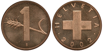 Швейцария 1 раппен 2002 KM 46 бронза UNC M1-10
