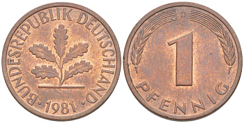 ФРГ 1 ПФЕННИГ 1981 D KM 105, J. 380 сталь плакированная медью 4181-645