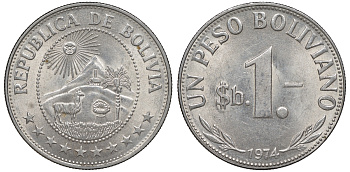 Боливия 1 песо 1974 KM 192 сталь плакированная никелем 4607-211