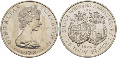 Гибралтар 25 пенсов 1972 серебряная свадьба Елизаветы II и Филиппа (1947-1972) KM 6 медно-никель UNC 118-733