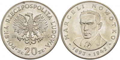 Польша 20 злотых 1974 MW, Марцелий Новотко KM 69, Parchimowicz 246 медно-никель 3996-242
