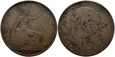 Великобритания 1 пенни 1907 Эдуард VII (1901-1910) KM 794.2, Spink 3990 бронза 75-326