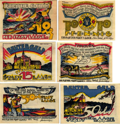 ЛААГЕ НАБОР ИЗ 3 БАНКНОТ, 10, 25, 50 ПФЕННИГОВ 1922 НОТГЕЛЬД, 1922 - 28 ФЕВРАЛЯ 1922, ЗЕМЛЯ МЕКЛЕНБУРГ, ПЕРЕДНЯЯ ПОМЕРАНИЯ, ПОЛНЫЙ КОМПЛЕКТ Grabowski 754.1 бумага 6318-42-2-1