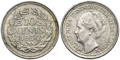 Нидерланды 10 центов 1934 Вильгельмина I (1890-1948) КМ 163 серебро 4549-1041