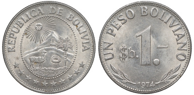 Боливия 1 песо 1974 KM 192 сталь плакированная никелем 4607-211