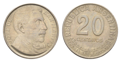 Аргентина 20 сентаво 1950 100 лет со дня смерти Хосе де Сан-Мартина KM 45 медно-никель UNC 4664-154