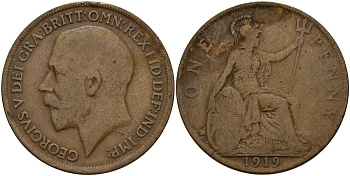 Великобритания 1 пенни 1919 Георг V (1910-1936) KM 810, Spink 4051 бронза 4157-145