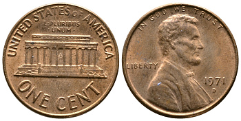 США 1 ЦЕНТ 1971 D, ЛИНКОЛЬН KM 201 медь цинк 93-1255
