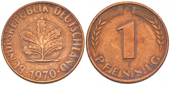 ФРГ 1 ПФЕННИГ 1970 J KM 105, J.380 сталь плакированная медью 4396-1519