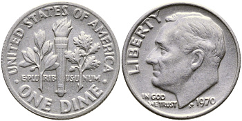 США 10 ЦЕНТОВ = 1 ДАЙМ 1970 РУЗВЕЛЬТ KM 195а медь плакированная медно-никелем 51-5068