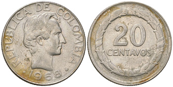 Колумбия 20 сентаво 1968 KM 227 сталь плакированная никелем 4398-1014