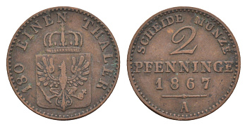 Пруссия 2 пфеннига 1867 A, Вильгельм I (1861-1888) KM 481, Jaeger 51, AKS 107, Olding 425 медь 4651-259