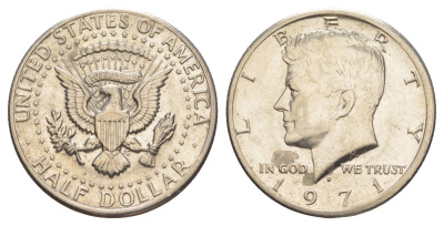 США 1/2 доллара (50 центов) 1971 D, Джон Кеннеди KM 202b медь плакированная медно-никелем aUNC 215-1246