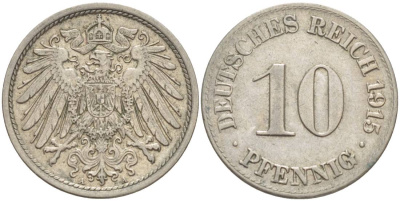 Германия 10 пфеннигов 1915 A KM 12, Jager 13, Weege 8 медно-никель 219-246