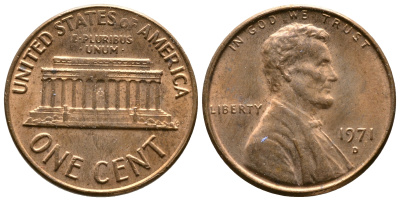 США 1 ЦЕНТ 1971 D, ЛИНКОЛЬН KM 201 медь цинк 93-1255