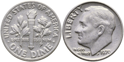 США 10 ЦЕНТОВ = 1 ДАЙМ 1970 РУЗВЕЛЬТ KM 195а медь плакированная медно-никелем 51-5068