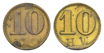 Германия игровой жетон 10 пфеннигов ND с отметкой hw латунь 4636-1118