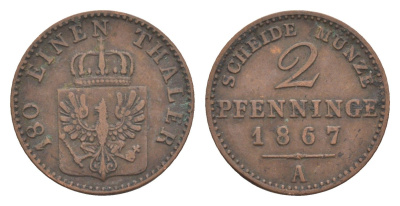 Пруссия 2 пфеннига 1867 A, Вильгельм I (1861-1888) KM 481, Jaeger 51, AKS 107, Olding 425 медь 4651-259