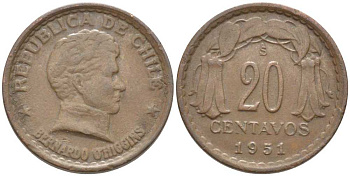 ЧИЛИ 20 СЕНТАВО 1951 So, ГЕНЕРАЛ БЕРНАРДО ХИГГИНС - ОСВОБОДИТЕЛЬ KM 177 медь 112-621
