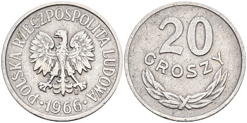 Польша 20 грошей 1966 MW KM А47 алюминий    4596-124