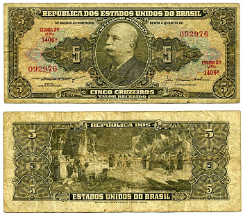 БРАЗИЛИЯ 5 КРУЗЕЙРО 1953-1959 ПОДПИСЬ 5, СЕРИЯ 1406 Pick 158c бумага F-VF 7191-6-2-1