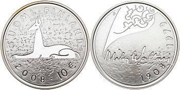 Финляндия 10 евро 2008 Мика Валтари, писатель KM 142 серебро  PROOF 11-114-25