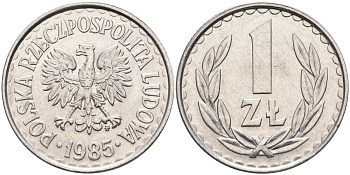 Польша 1 злотый 1985 MW, Народная Республика KM 49.1, Parchimowicz 213x алюминий UNC 4364-1512