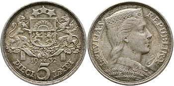ЛАТВИЯ 5 ЛАТОВ 1932 KM 9 серебро 58-615