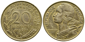 ФРАНЦИЯ 20 САНТИМОВ 1967 KM 930 медь алюминий никель 93-1346