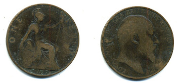 Великобритания 1 пенни 1907 Эдуард VII (1901-1910) KM 794.2, Spink 3990 бронза 47-613