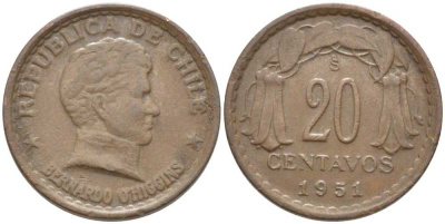 ЧИЛИ 20 СЕНТАВО 1951 So, ГЕНЕРАЛ БЕРНАРДО ХИГГИНС - ОСВОБОДИТЕЛЬ KM 177 медь 112-621