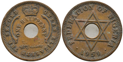 Нигерия 1/2 пенни 1959 Елизавета II (1952-), Британский протекторат KM 1 бронза 4387-524