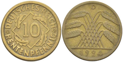 ГЕРМАНИЯ 10 РЕНTЕНПФЕННИГОВ 1924 D KM 33, J. 309, Weege 8 алюминиевая бронза 210-317