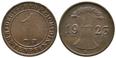 ГЕРМАНИЯ 1 РЕНТЕНПФЕННИГ 1923 А KM 30, J. 306 бронза 4380-1047
