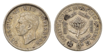 ЮАР 6 пенсов 1942 Георг VI (1936-1952) KM 27 серебро 4564-525