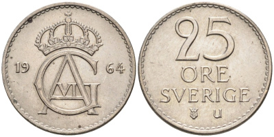 Швеция 25 эре 1964 Густав VI Адольф (1950-1973) KM 836 медно-никель UNC 4585-464