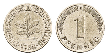 ФРГ 1 пфенниг 1968 F KM 105, J. 380 сталь плакированная медью, серебрение 4630-424