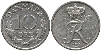 ДАНИЯ 10 ЭРЕ 1967 C; S, ФРЕДЕРИК IX (1947-1972) KM 841.3 медно-никель 116-225