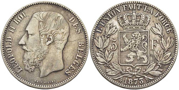 Бельгия 5 франков 1873 Леопольд II (1865-1909), позиция А KM 24 серебро 5010-933