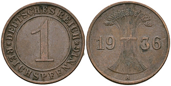 Германия 1 рейхспфенниг 1936 A KM 37, J. 313 бронза 4528-1054